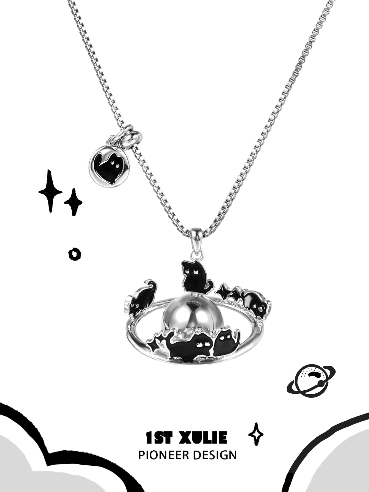 Gothic night owl cat necklace featuring multiple black cats and a pearl pendant