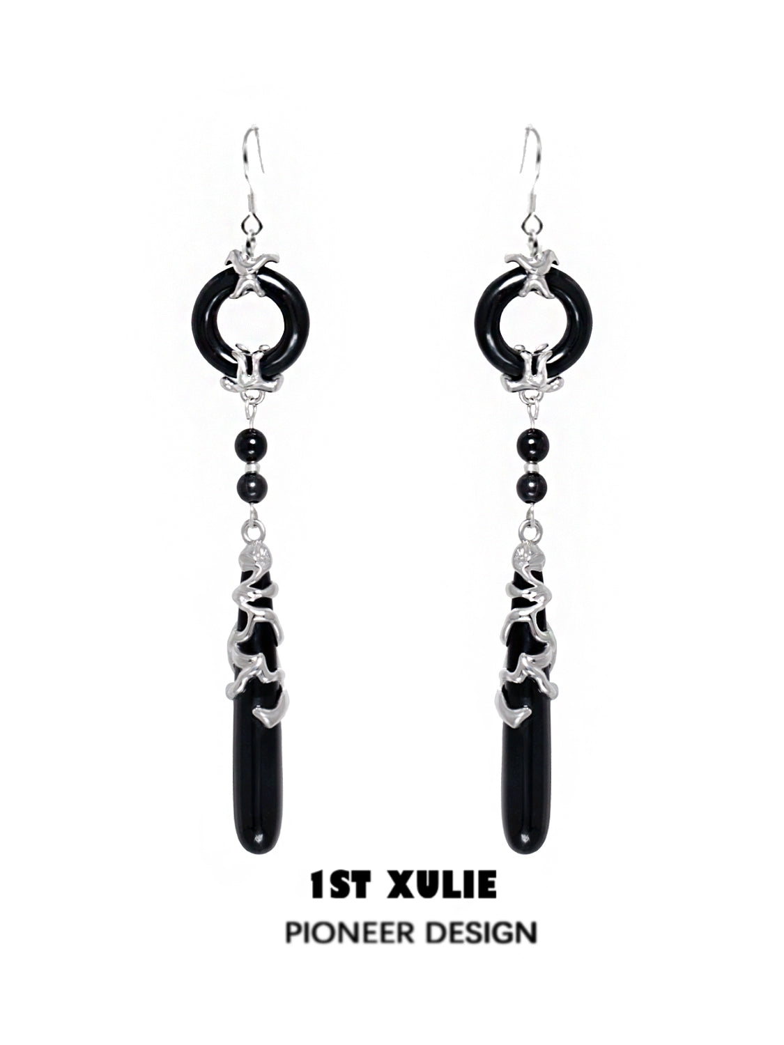 Gothic Nightfall Pendant Earrings featuring silver accents and dangling black stones