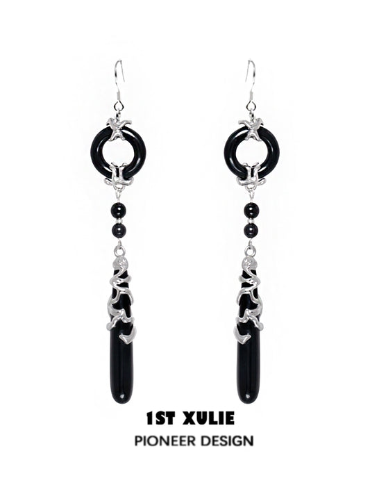 Gothic Nightfall Pendant Earrings featuring silver accents and dangling black stones