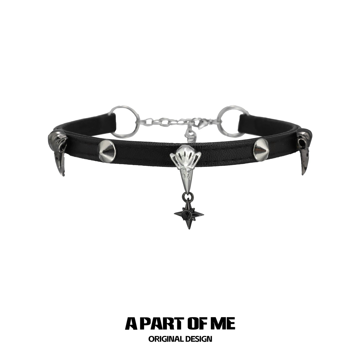 Gothic raven cross necklace with black leather strap and silver spikes for a bold look
