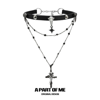 Gothic raven cross necklace with layered chains and black accents for a dark, stylish look