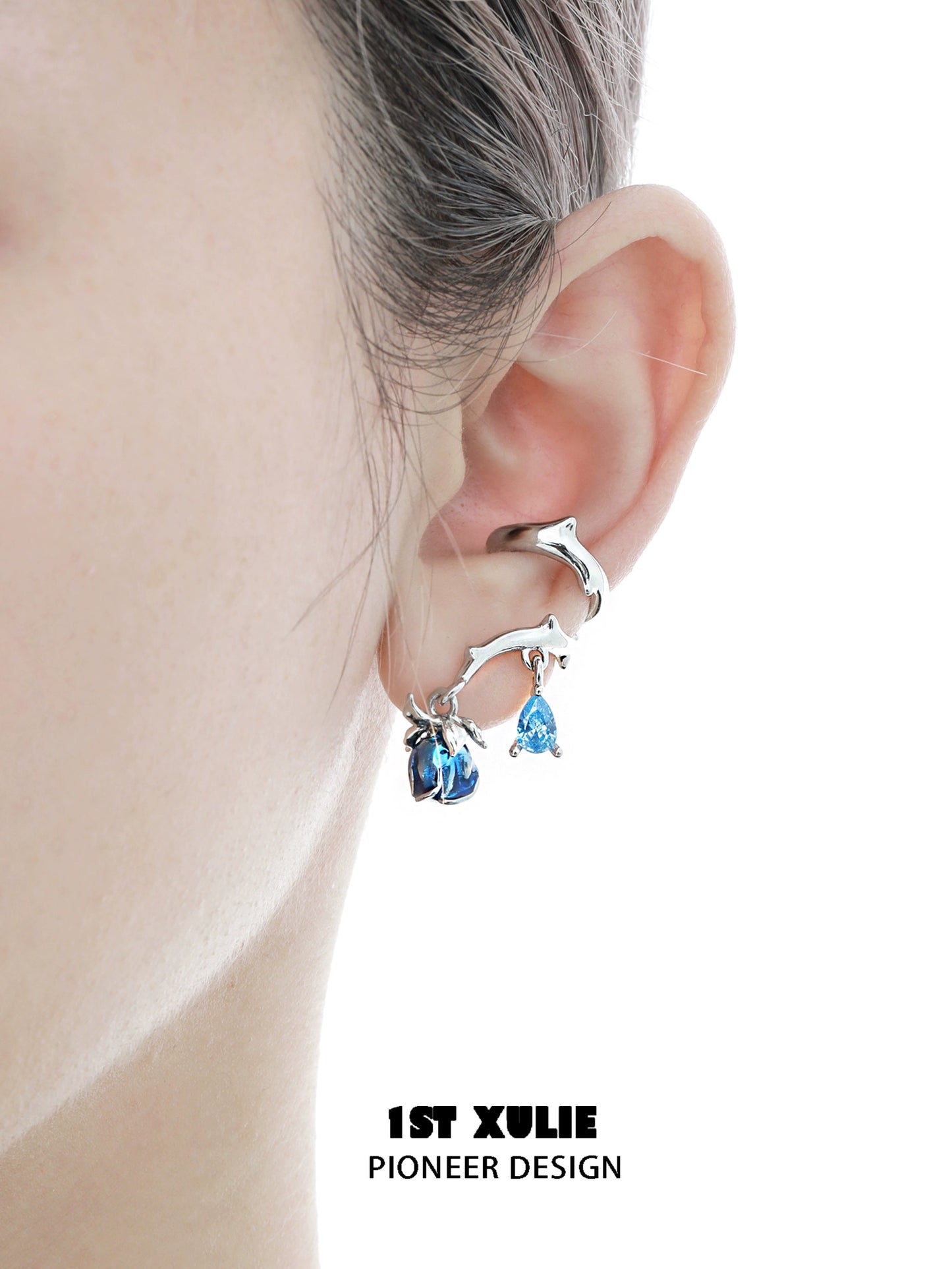 1ST XULIE gothic rose ear cuffs with intricate silver design and blue gemstone accents