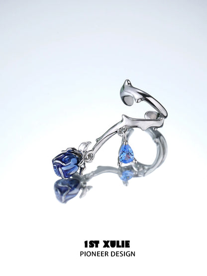 Gothic rose ear cuffs in silver with a blue rose accent for stylish and unique ear jewelry