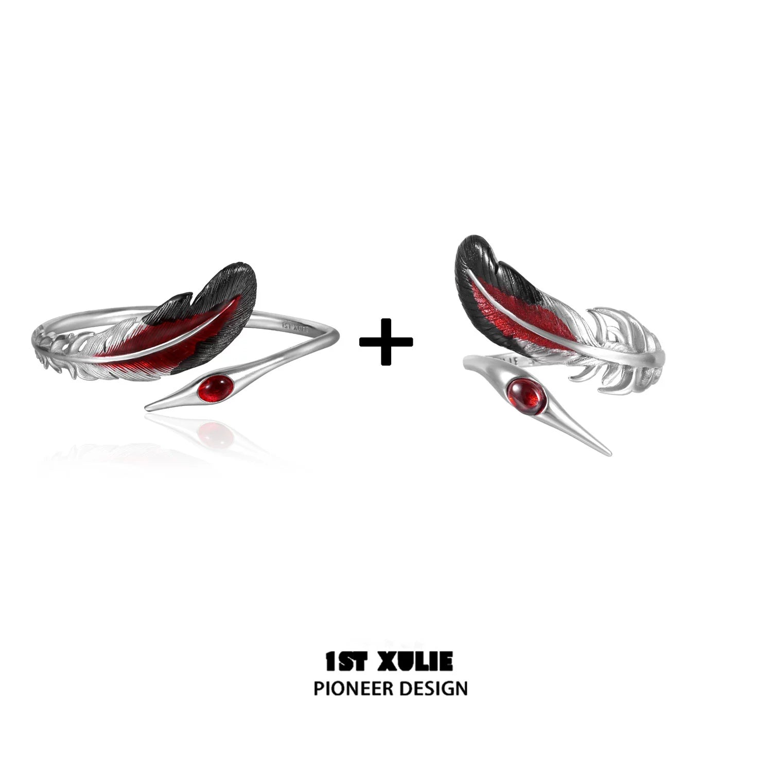 Gothic silver crane ring featuring a black and red feather design with a striking gemstone