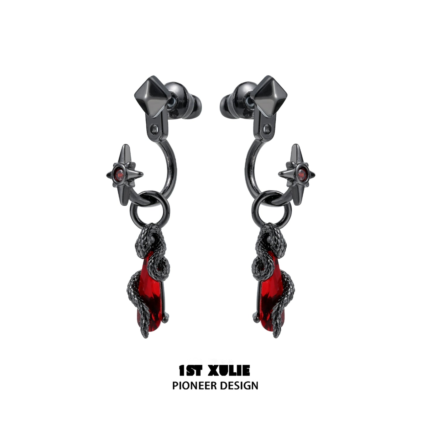 Gothic snake earrings designed by 1STXULIE featuring red accents and star details.