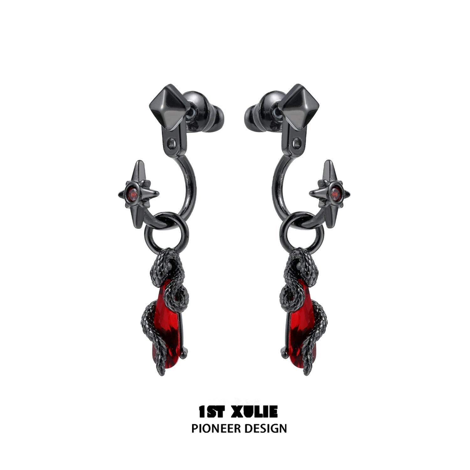 Gothic snake earrings designed by 1STXULIE featuring red accents and star details.