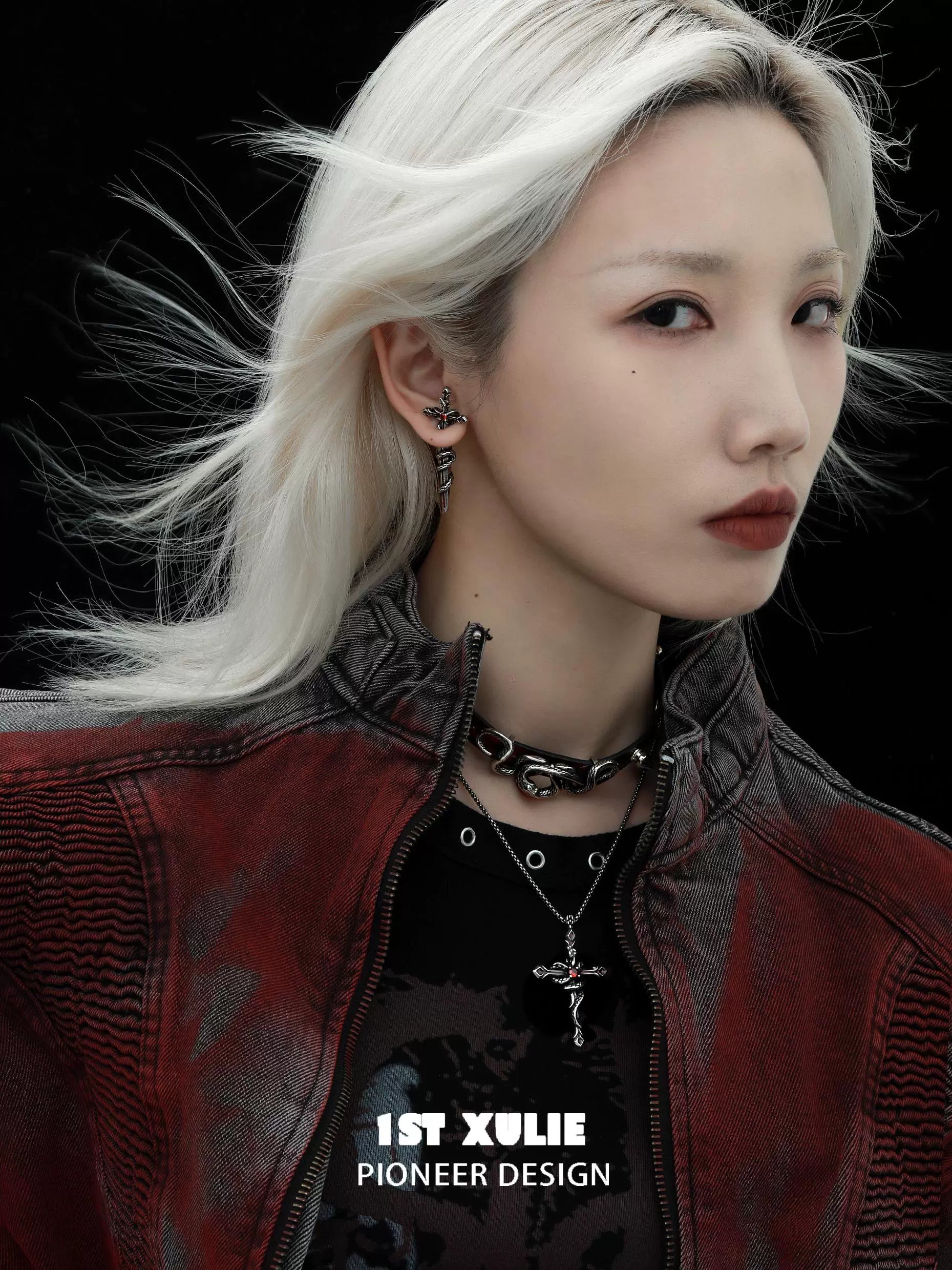 Model wearing a gothic snake necklace showcasing a bold, edgy design perfect for alternative fashion