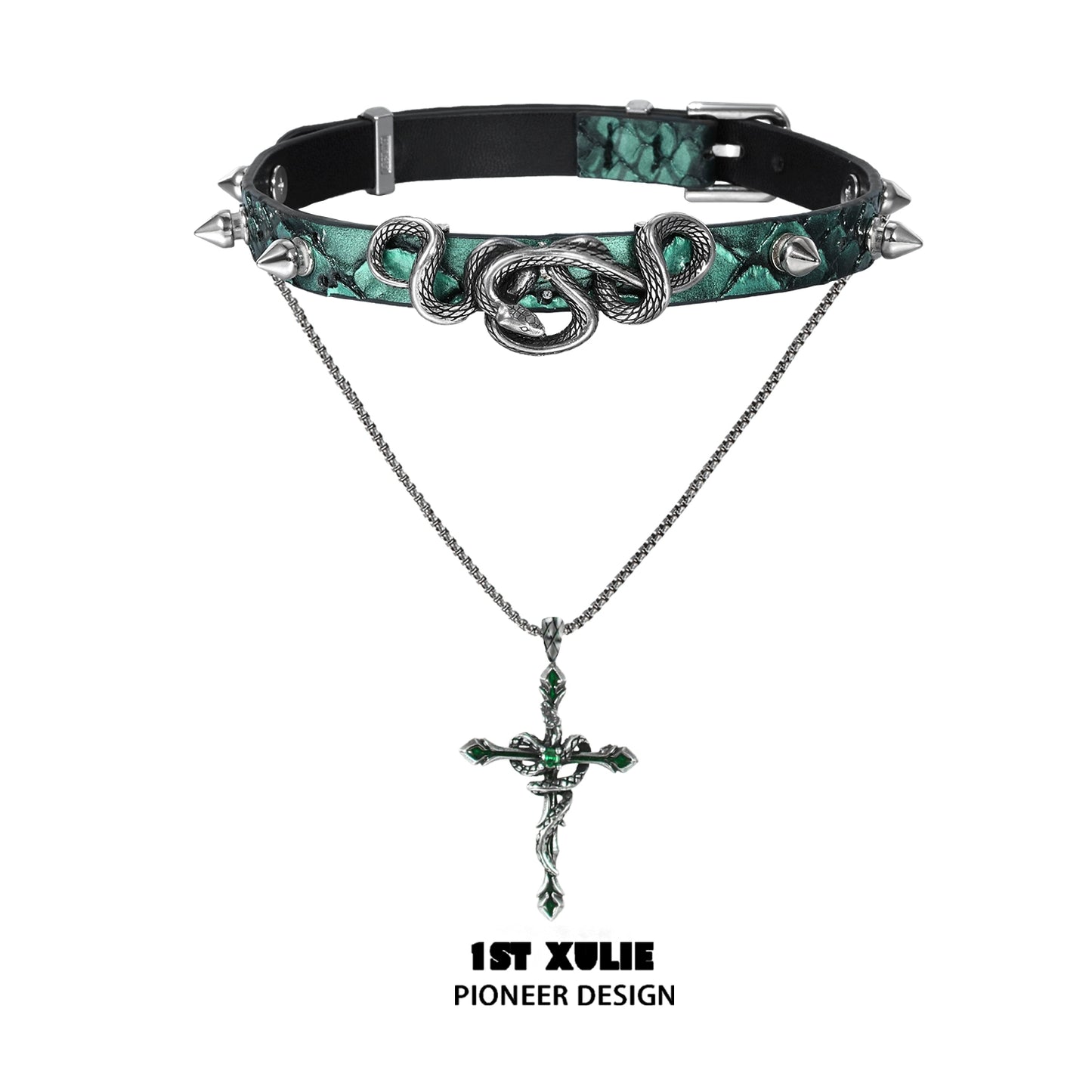 Gothic snake necklace with a silver cross pendant hanging from a spiked black choker
