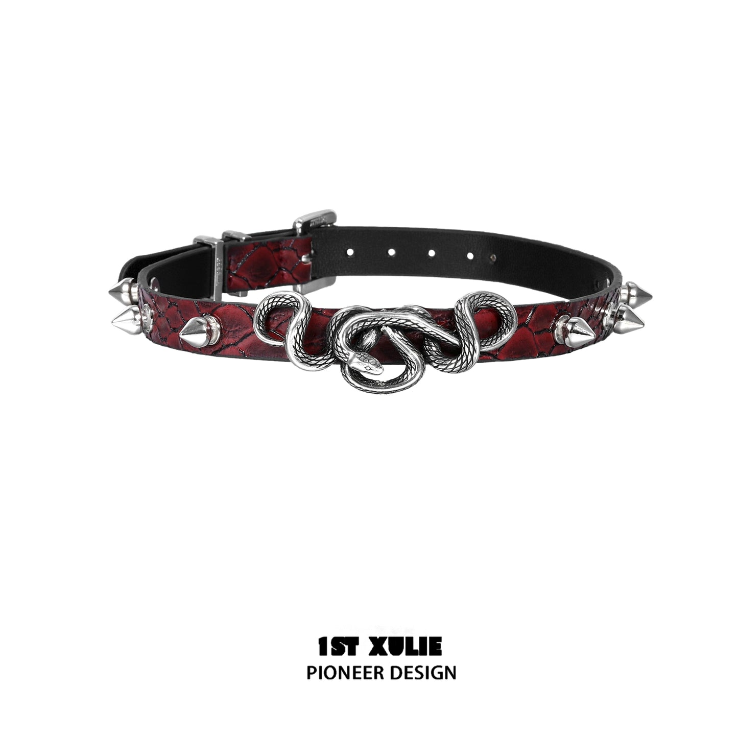 Gothic snake necklace featuring a silver snake pendant on a textured red belt with spikes