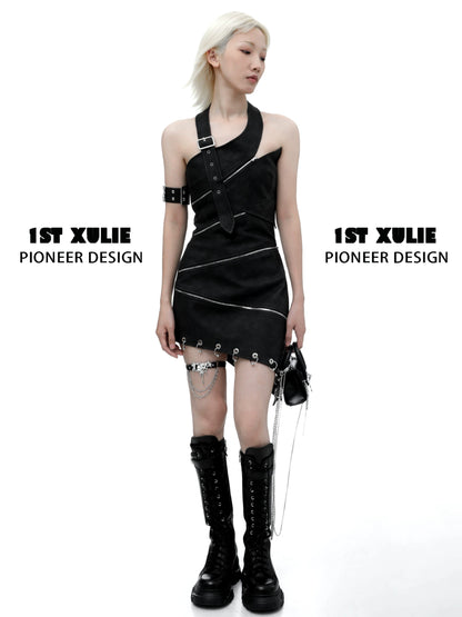 Model wearing black dress with gothic thigh chain jewelry and combat boots for a bold fashion look