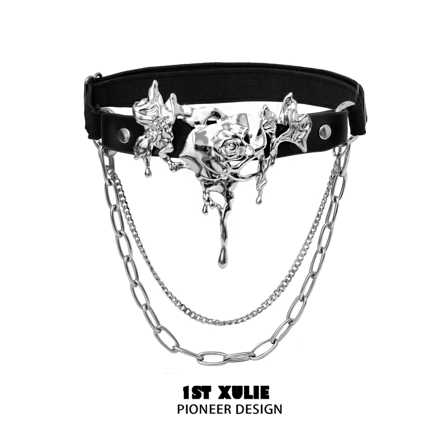 Gothic thigh chain jewelry featuring a silver rose design with hanging chains for a stylish look