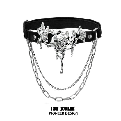 Gothic thigh chain jewelry featuring a silver rose design with hanging chains for a stylish look