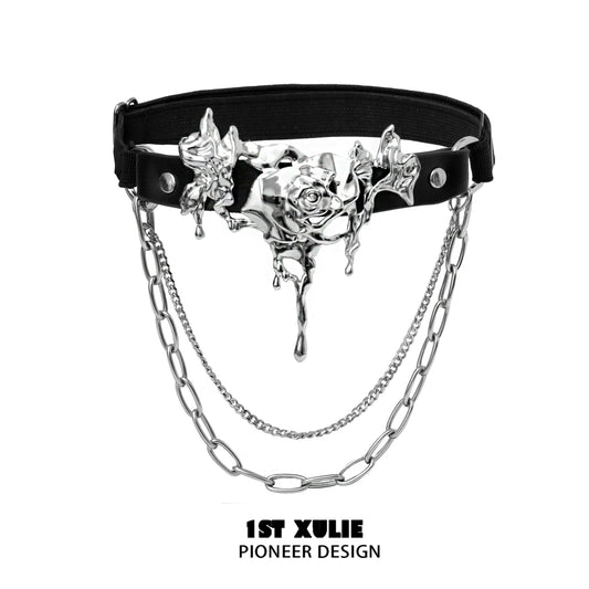 Gothic thigh chain jewelry featuring a silver rose design with hanging chains for a stylish look