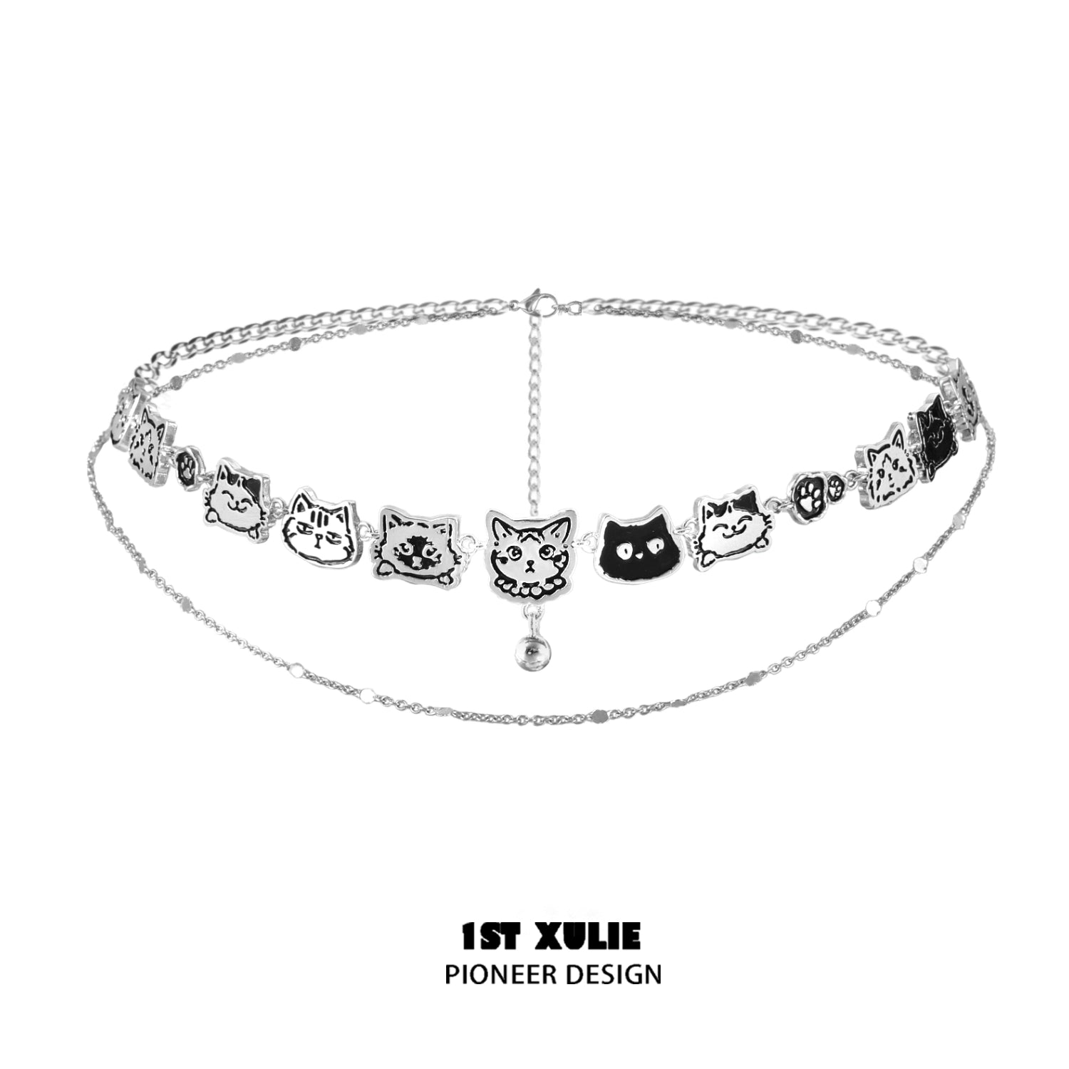 1STXULIE graffiti cat necklace featuring playful cat charms on a silver chain