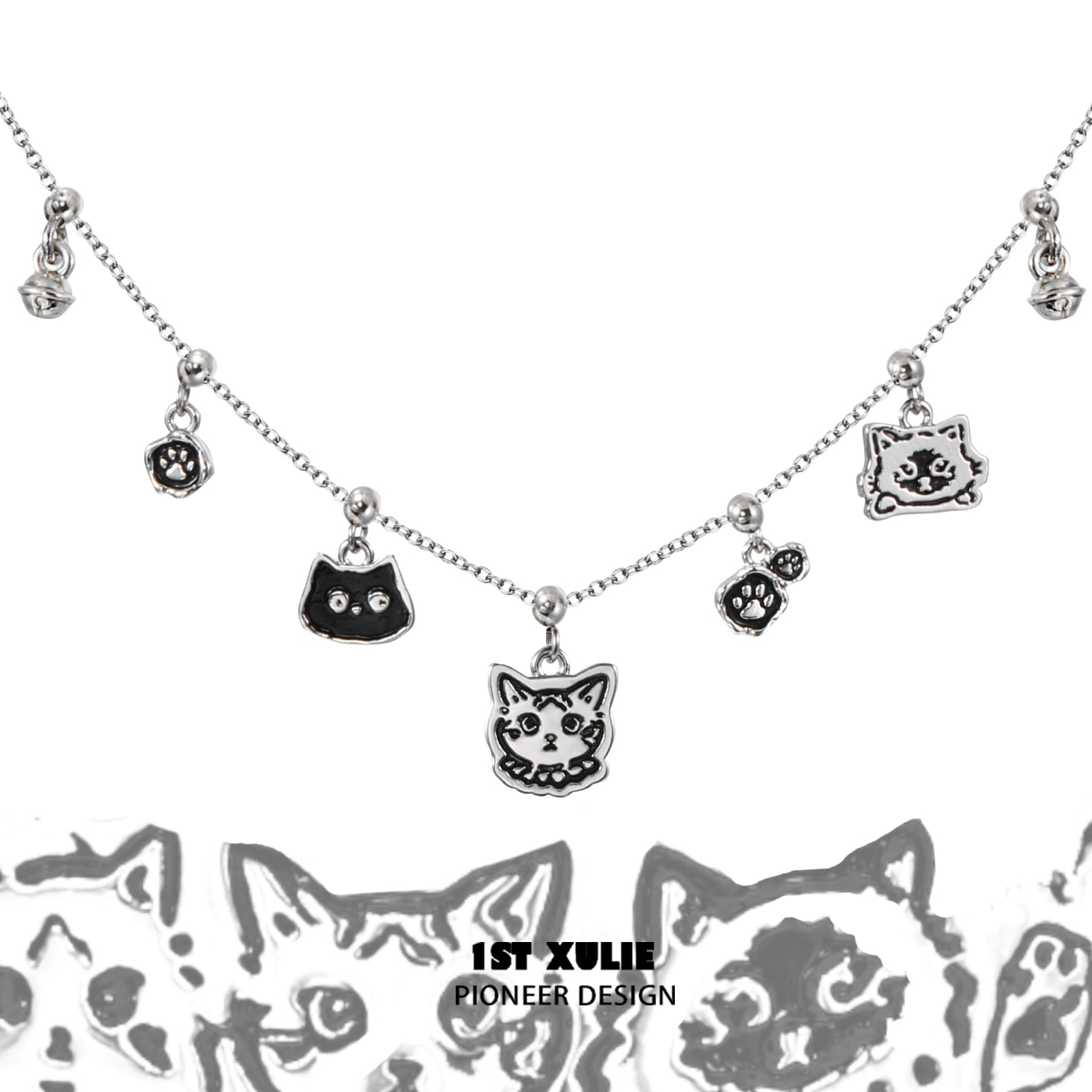 Graffiti cat sterling silver necklace featuring cute cat charms for a playful accessory