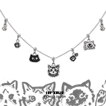 Graffiti cat sterling silver necklace featuring cute cat charms for a playful accessory