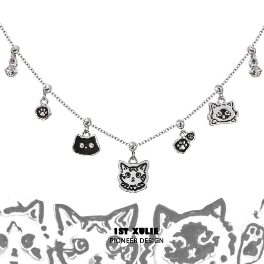 Graffiti cat sterling silver necklace featuring cute cat charms for a playful accessory