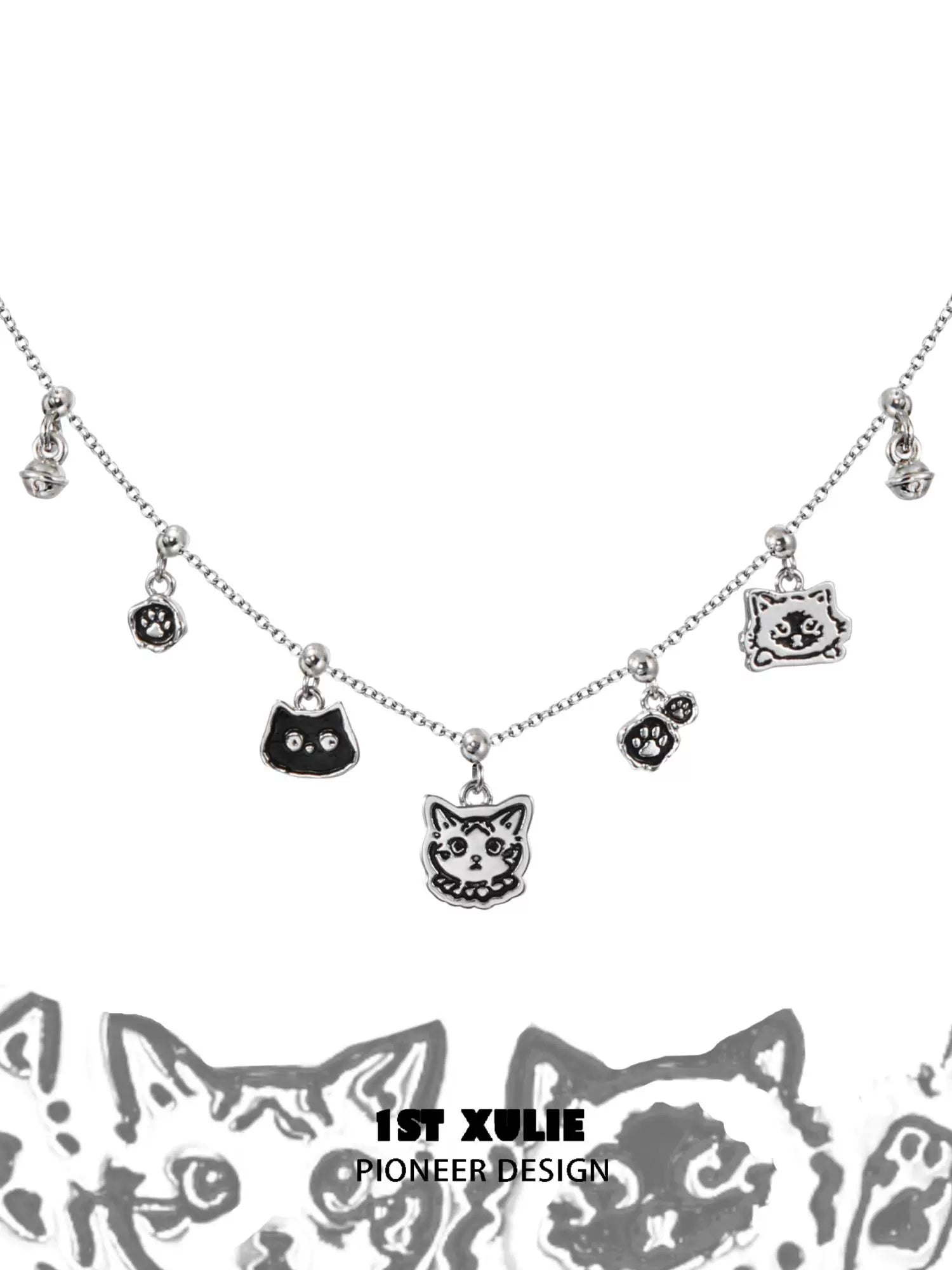 Graffiti cat sterling silver necklace with playful cat charms and paw prints