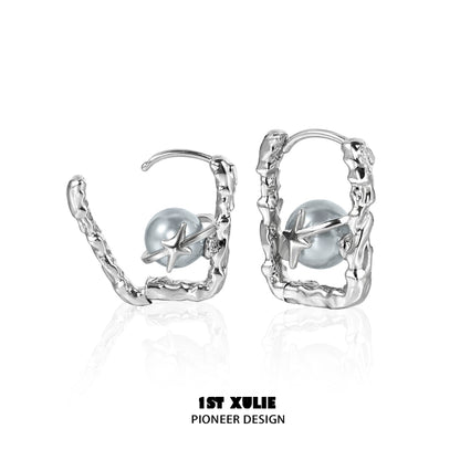 Stylish gray pearl star earrings with a unique twisted design for a modern look