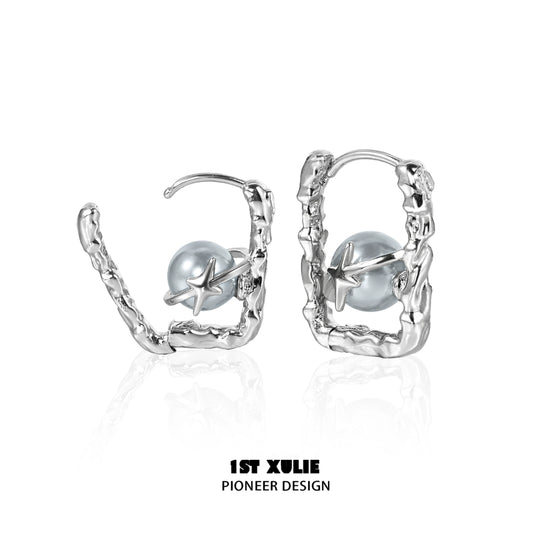 Stylish gray pearl star earrings with a unique twisted design for a modern look