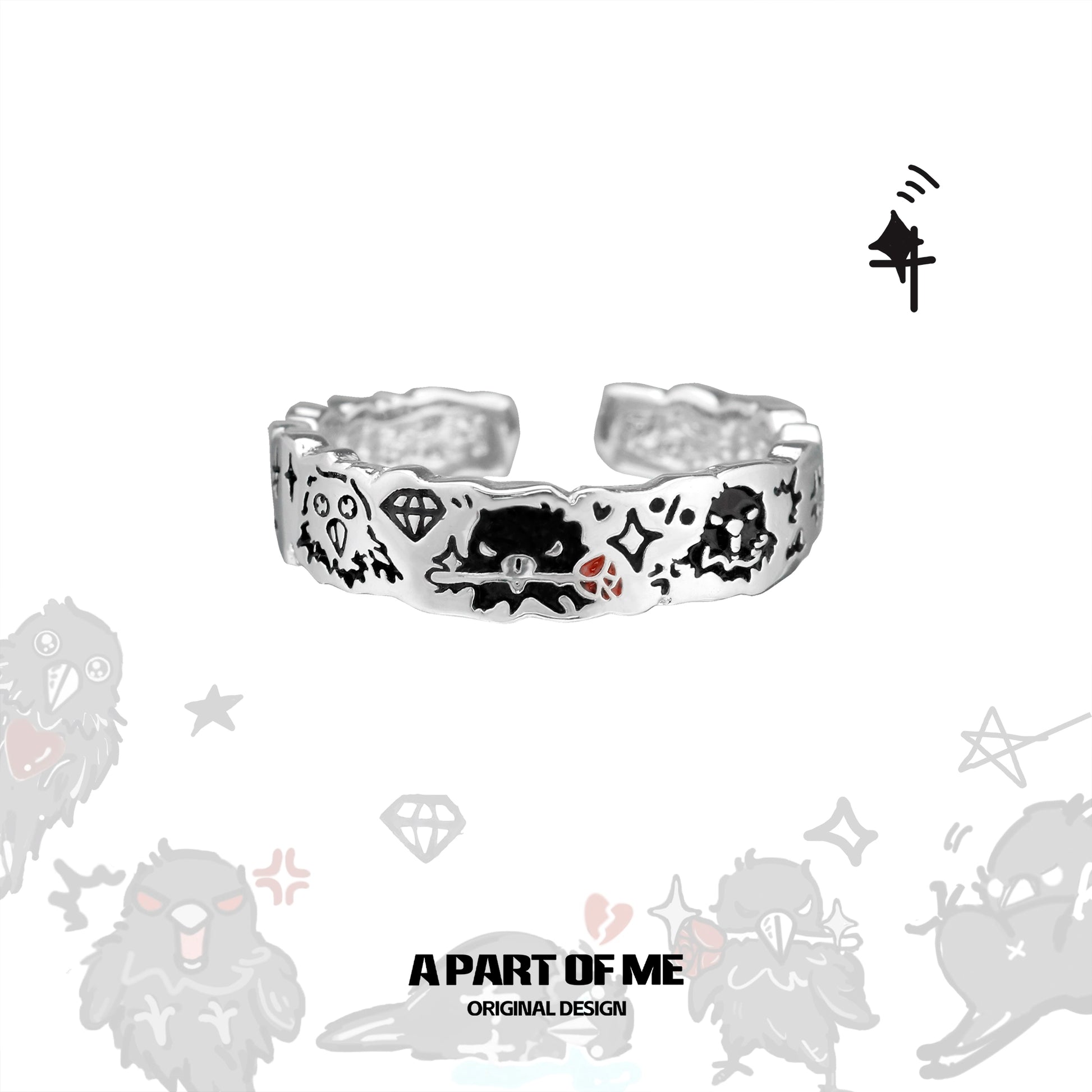 Hand painted crow ring featuring intricate designs and a unique style by A PART OF ME