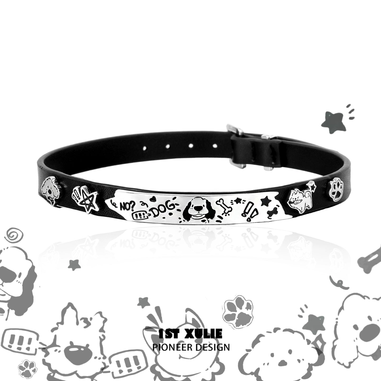 Happy puppy black leather necklace with playful dog graphics and adjustable buckle closure