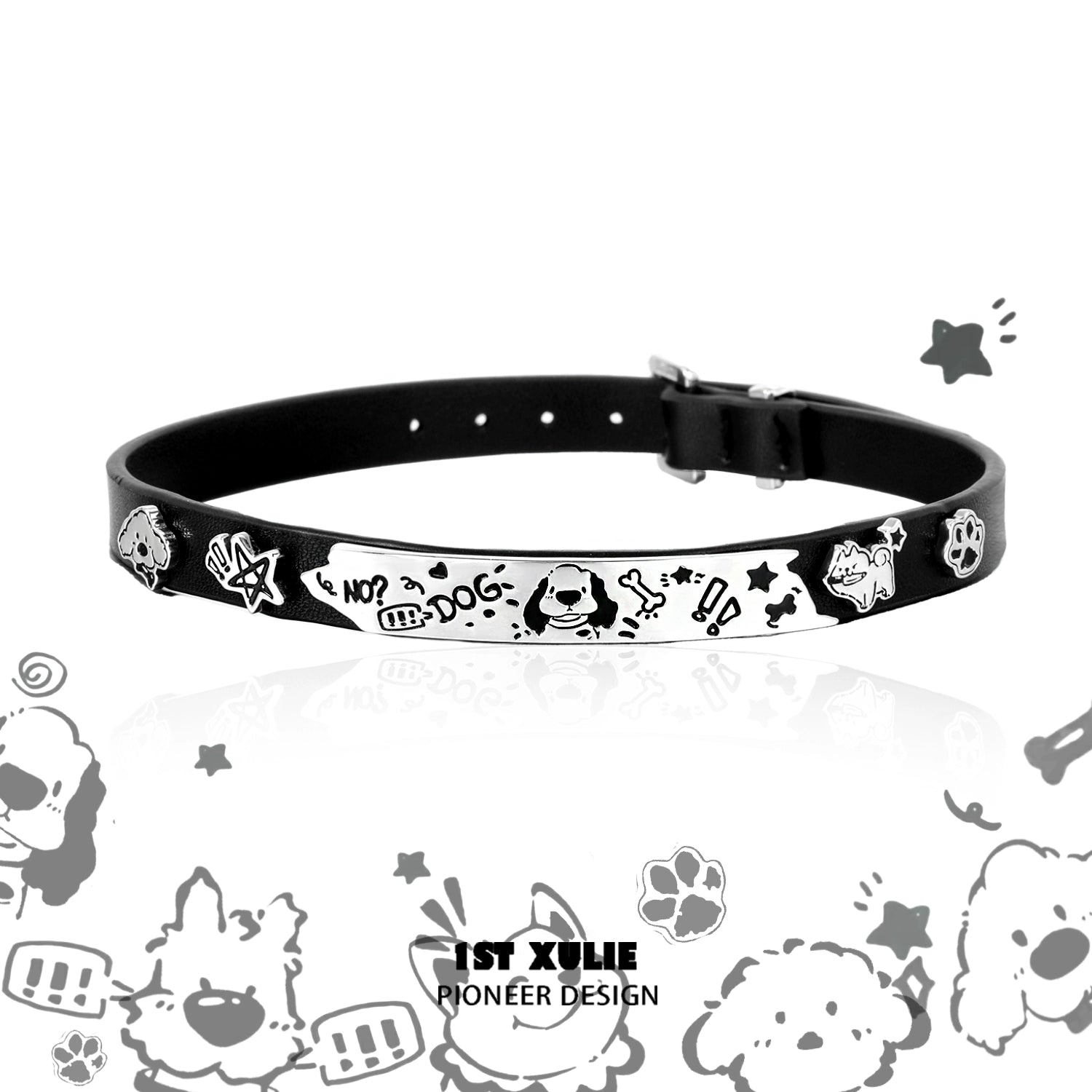 Happy puppy black leather necklace with playful dog graphics and adjustable buckle closure