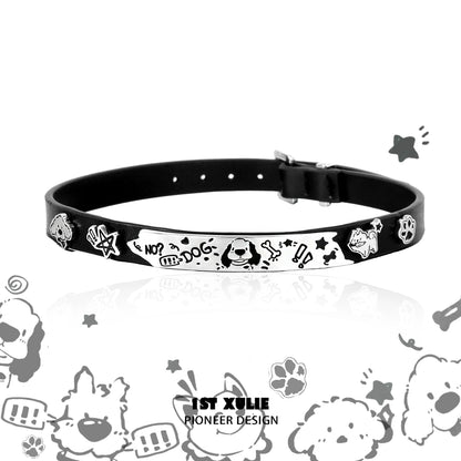 Happy puppy black leather necklace with playful dog graphics and adjustable buckle closure