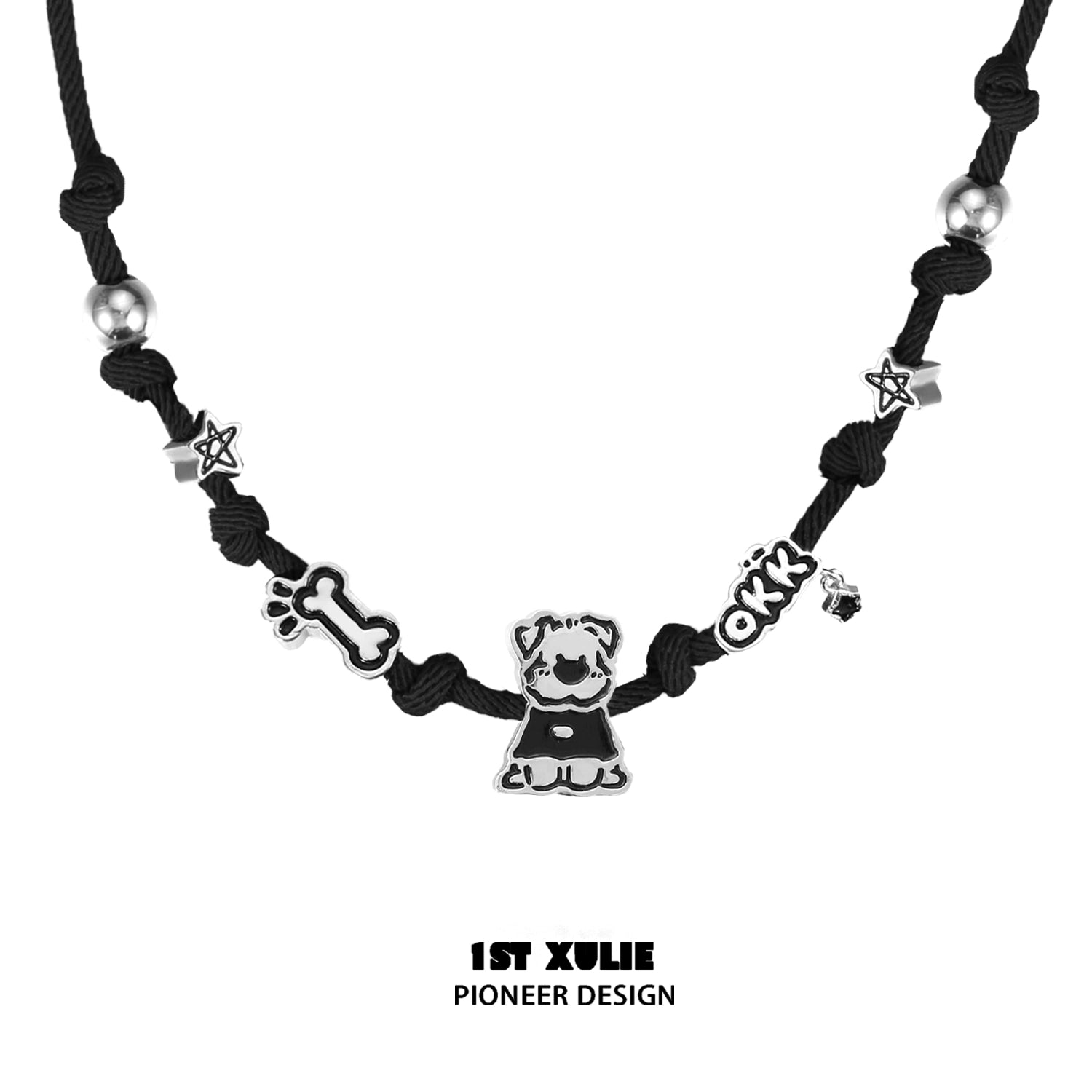 Happy puppy braided necklace featuring a dog charm, bone, and star beads in black design