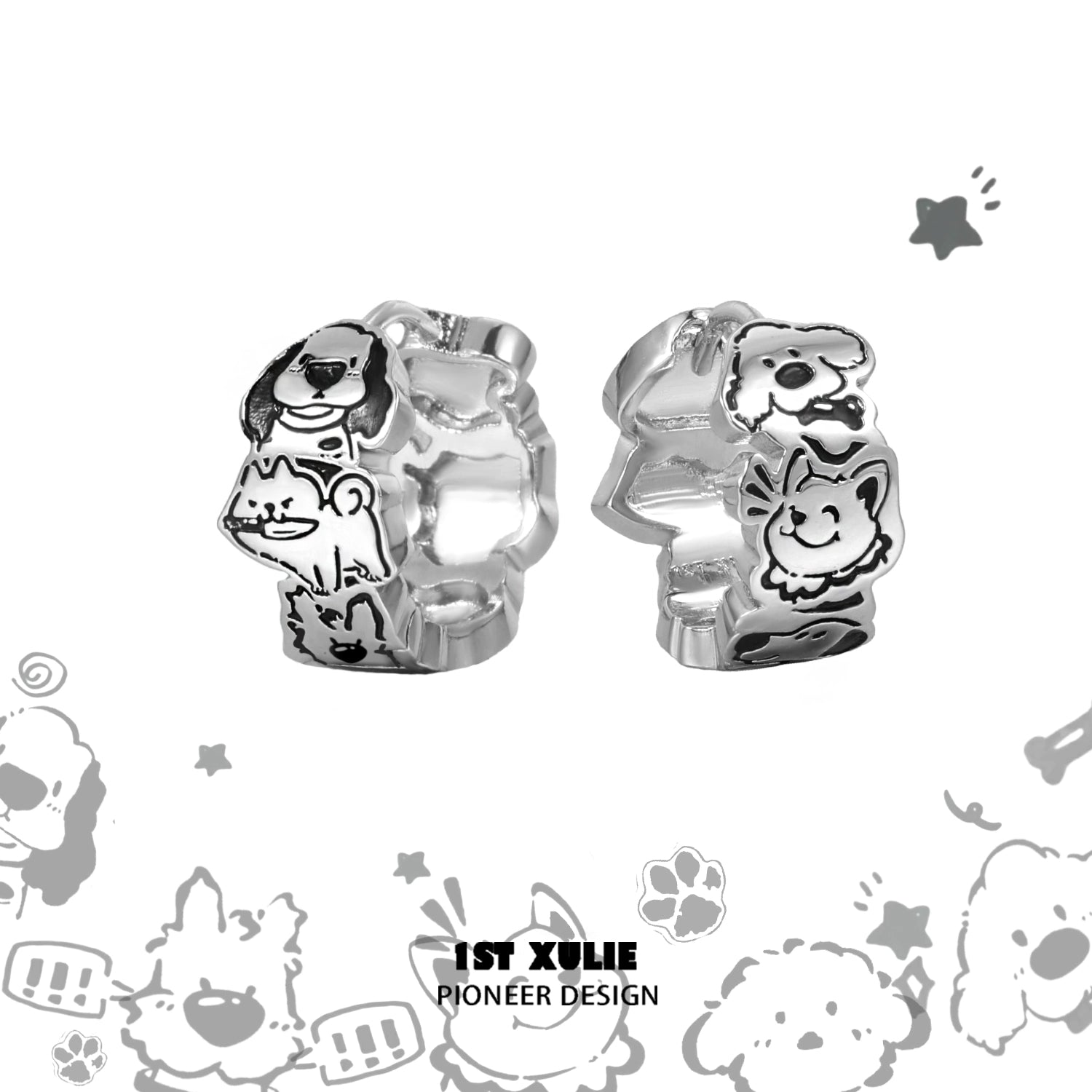 Cute happy puppy stud earrings featuring playful dog designs with a polished silver finish
