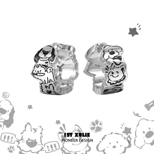 Cute happy puppy stud earrings featuring playful dog designs with a polished silver finish