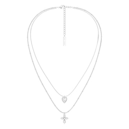 SUN HUNTER heart cross double layer necklace with delicate chains and layered charms