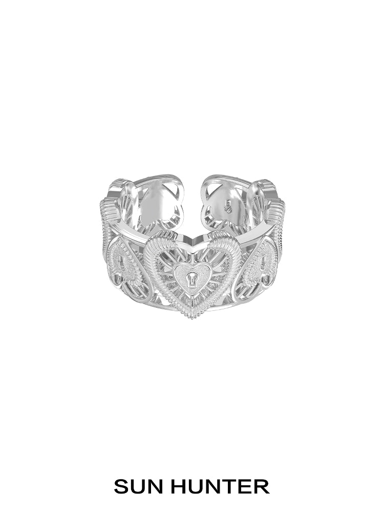 SUN HUNTER Silver Heart Lock Ring with Intricate Design for Unique Style