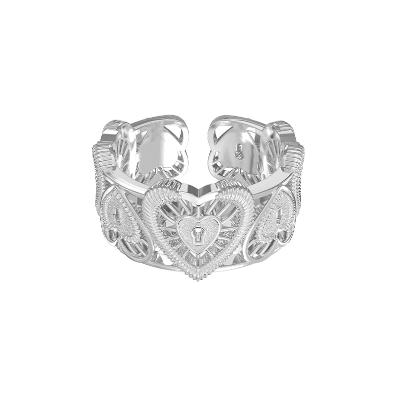 Stylish SUN HUNTER heart lock ring with an intricate heart design and polished silver finish