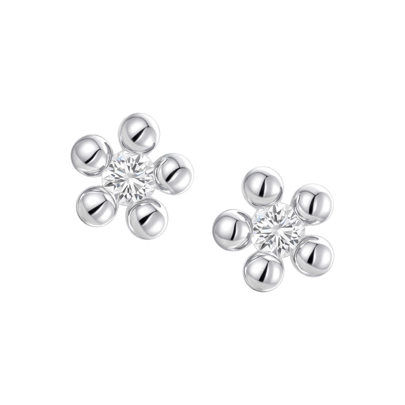 SUN HUNTER island flower silver earrings with sparkling center stones and floral design