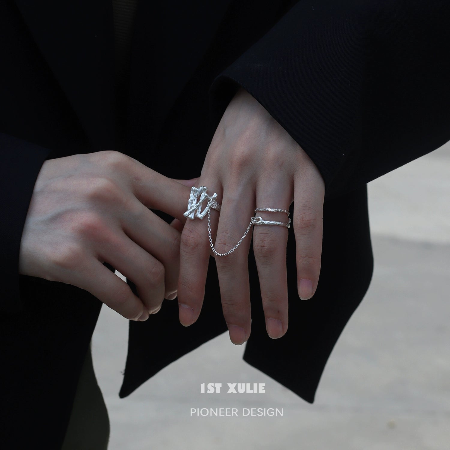 Stylish Y2K chain silver ring displayed on hands for trendy fashion enthusiasts