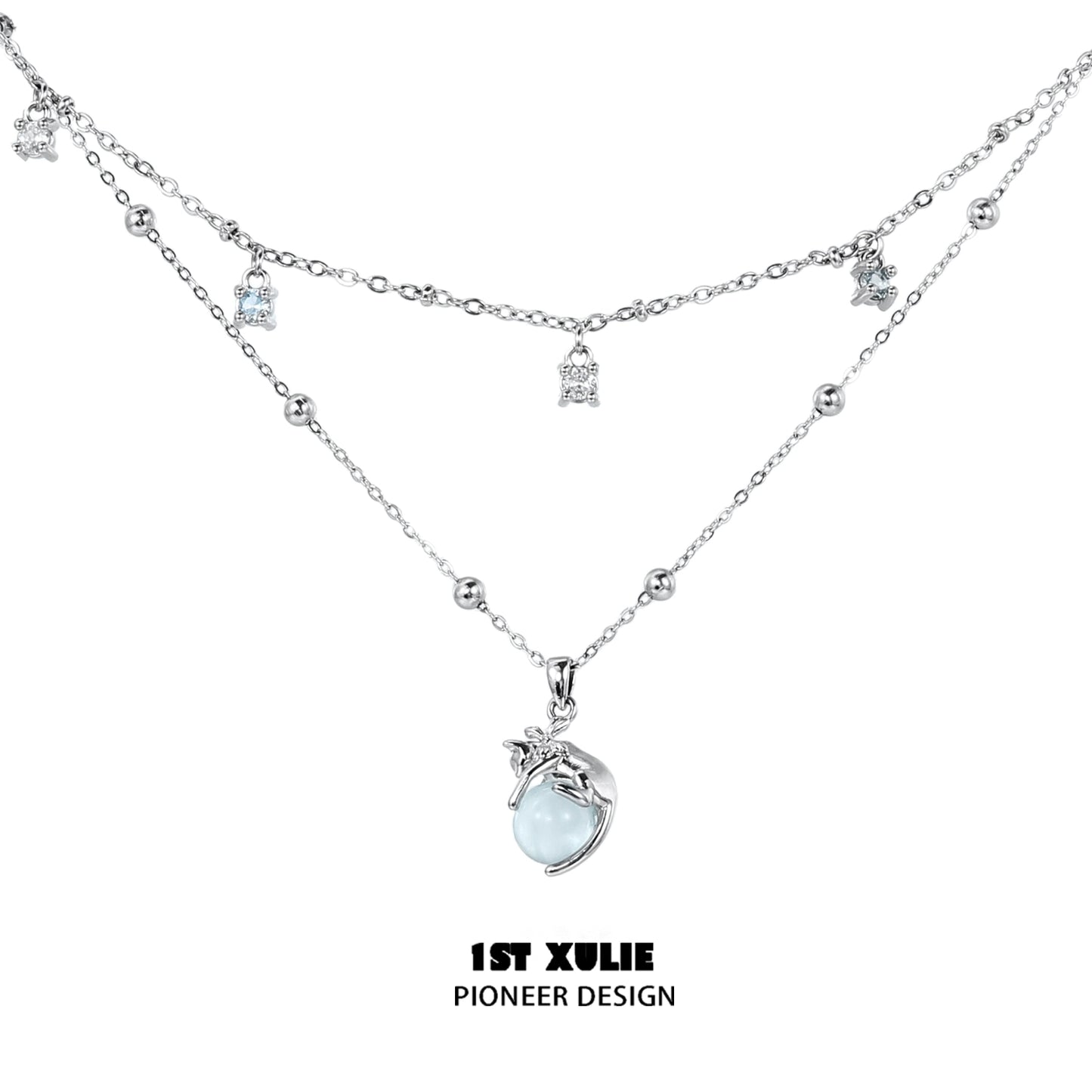Stylish 1ST XULIE kitten necklace for summer featuring playful charms and a blue charm pendant