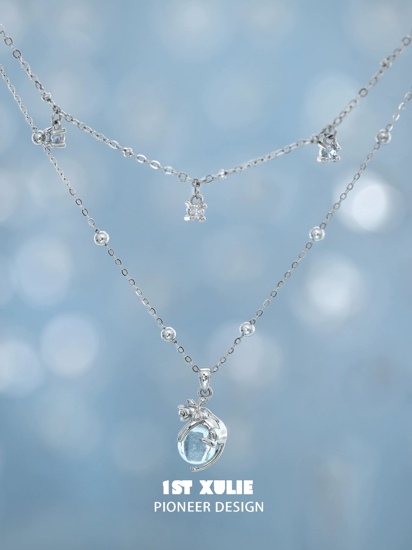 Elegant 1STXULIE kitten necklace for summer with sparkling charms and a delicate chain