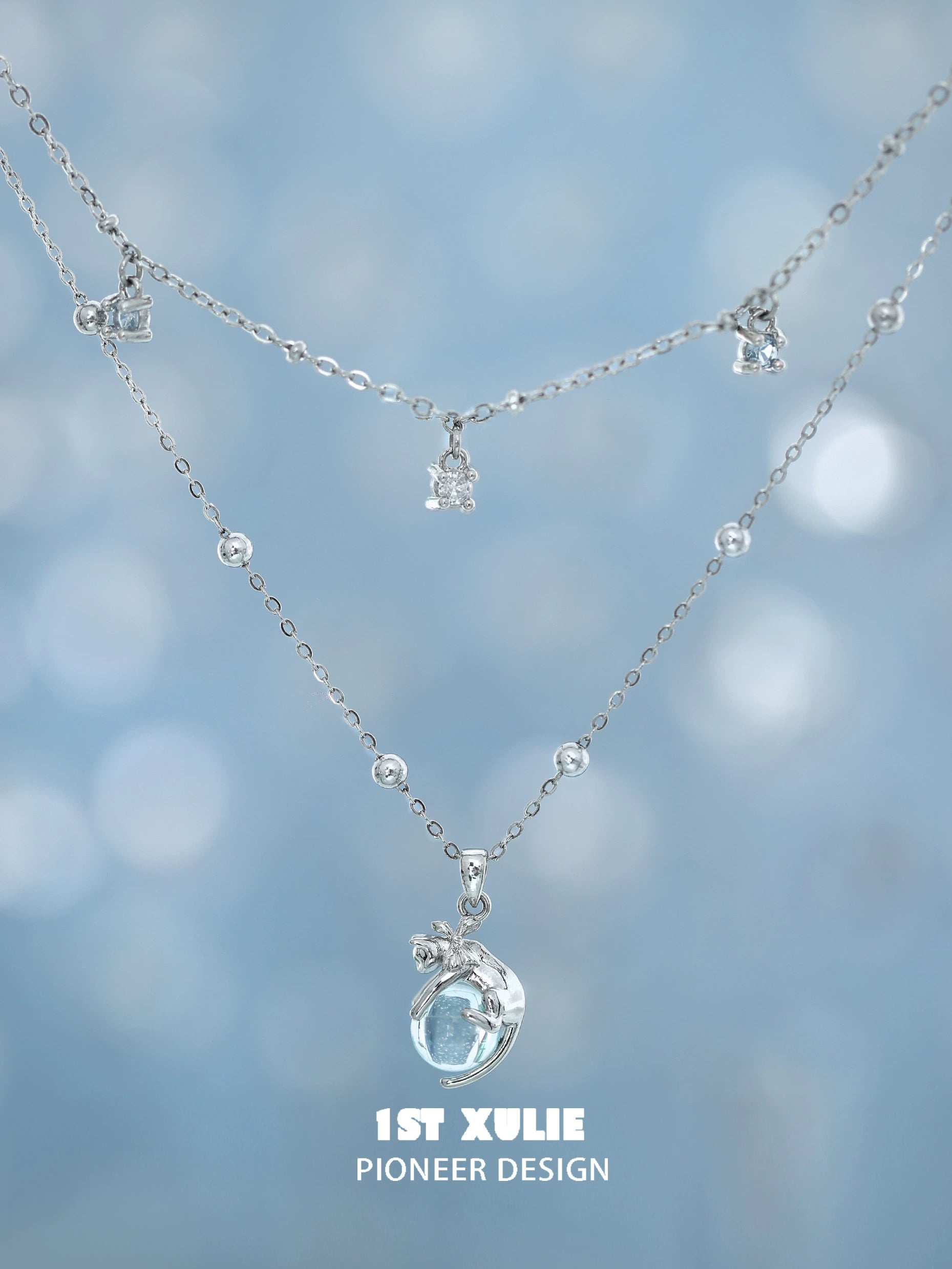 Elegant 1STXULIE kitten necklace for summer with sparkling charms and a delicate chain
