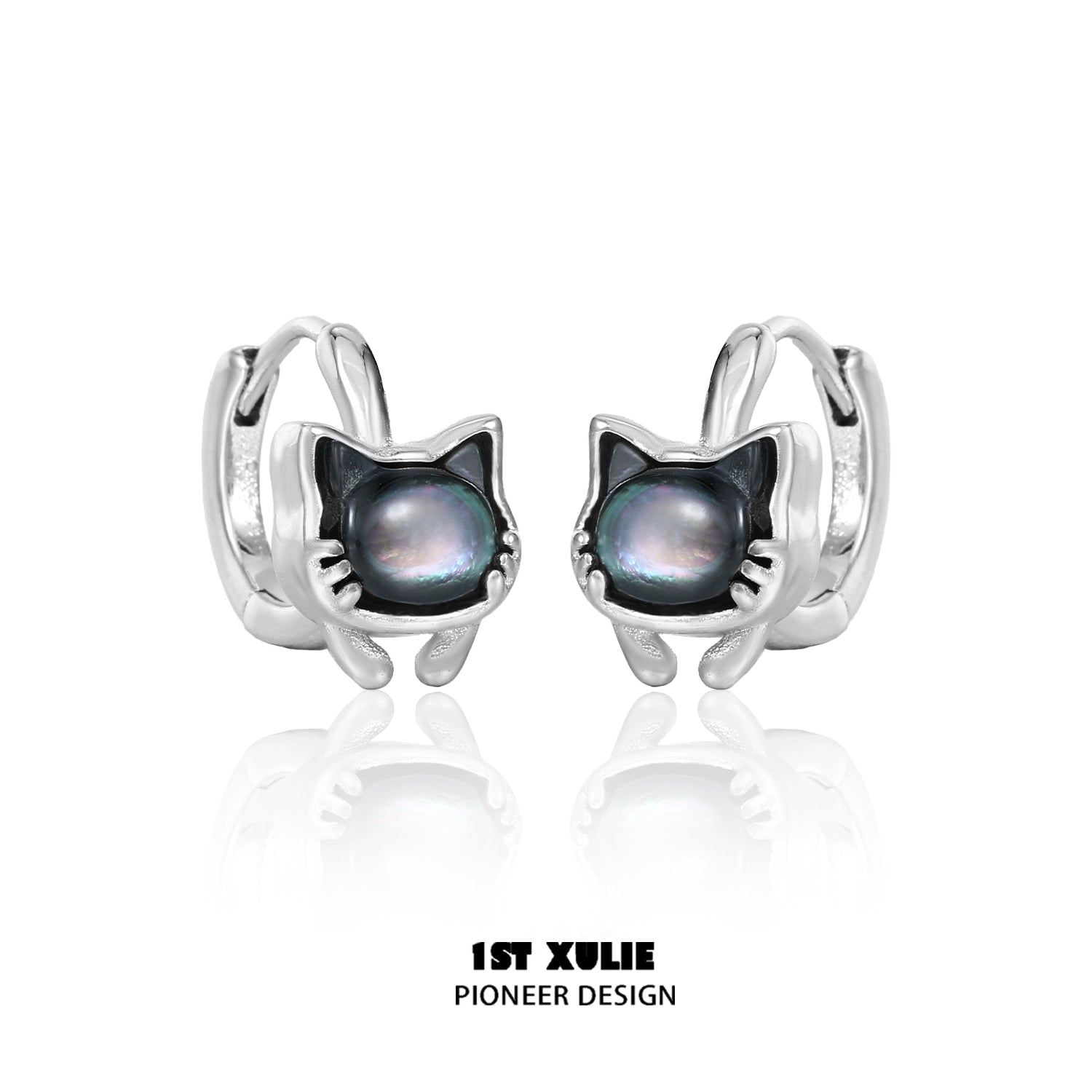 Silver kitten stud earrings with a glossy black cat design for a playful accessory