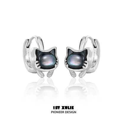 Silver kitten stud earrings with a glossy black cat design for a playful accessory