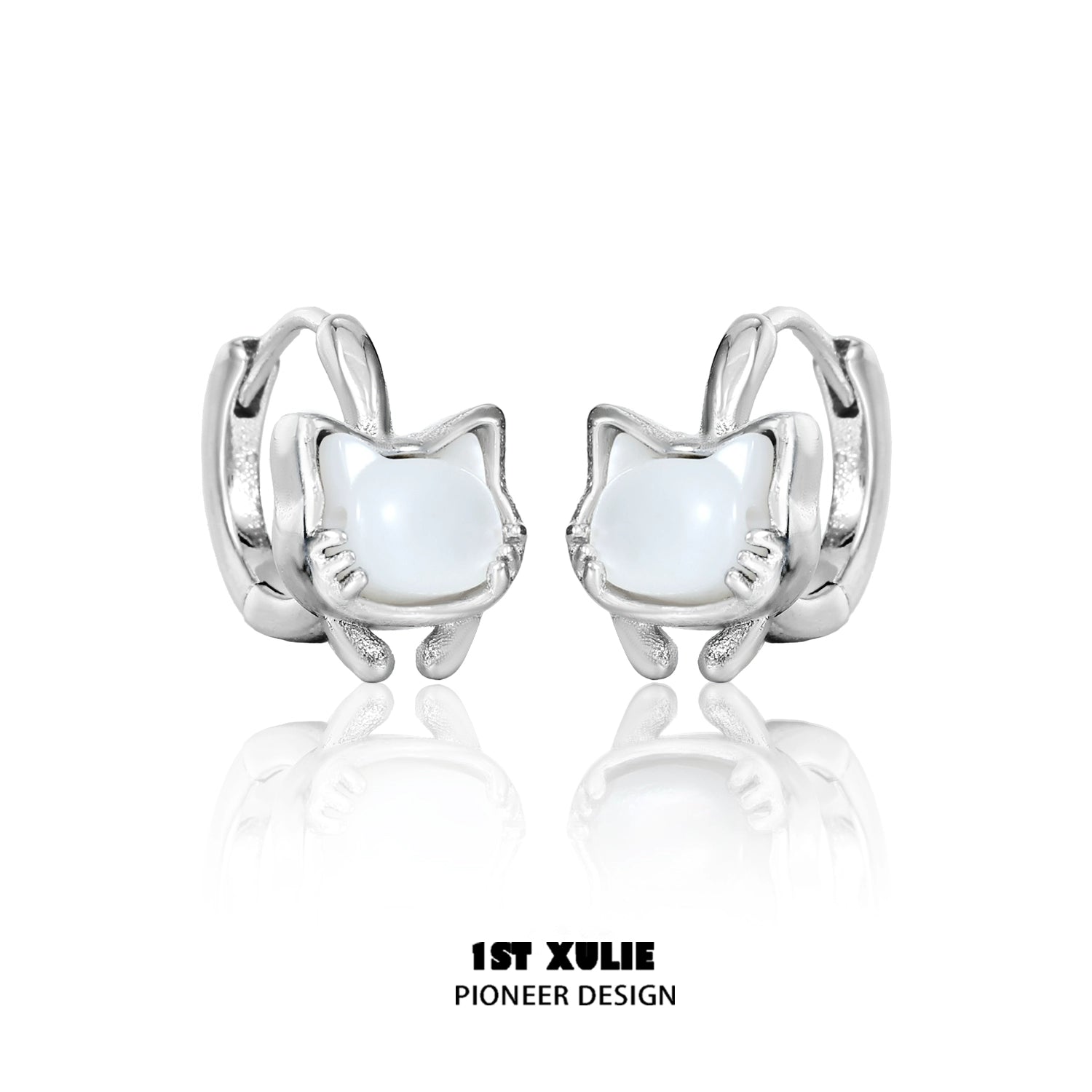 Cute kitten stud earrings in silver with a glossy white stone for playful animal lovers