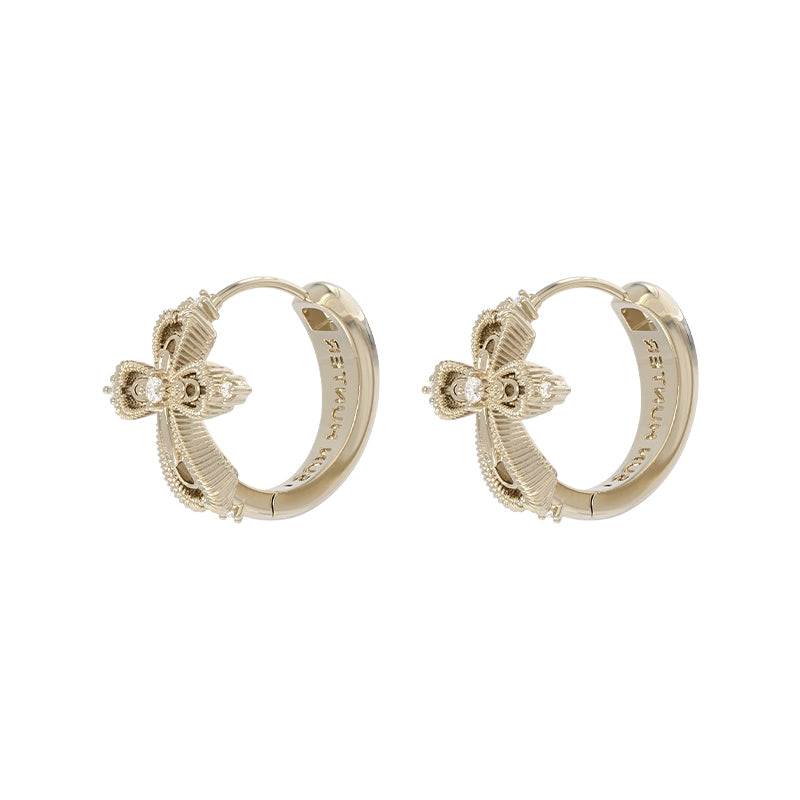 Elegant SUN HUNTER lace cross earrings in gold featuring intricate detailing and sparkling accents