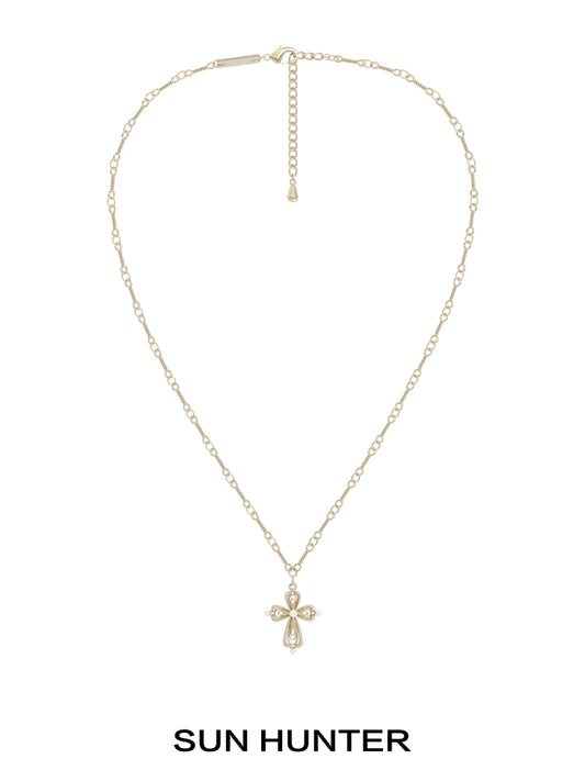 SUN HUNTER Lace Cross Necklace in Gold with Decorative Pendant for Elegant Styling