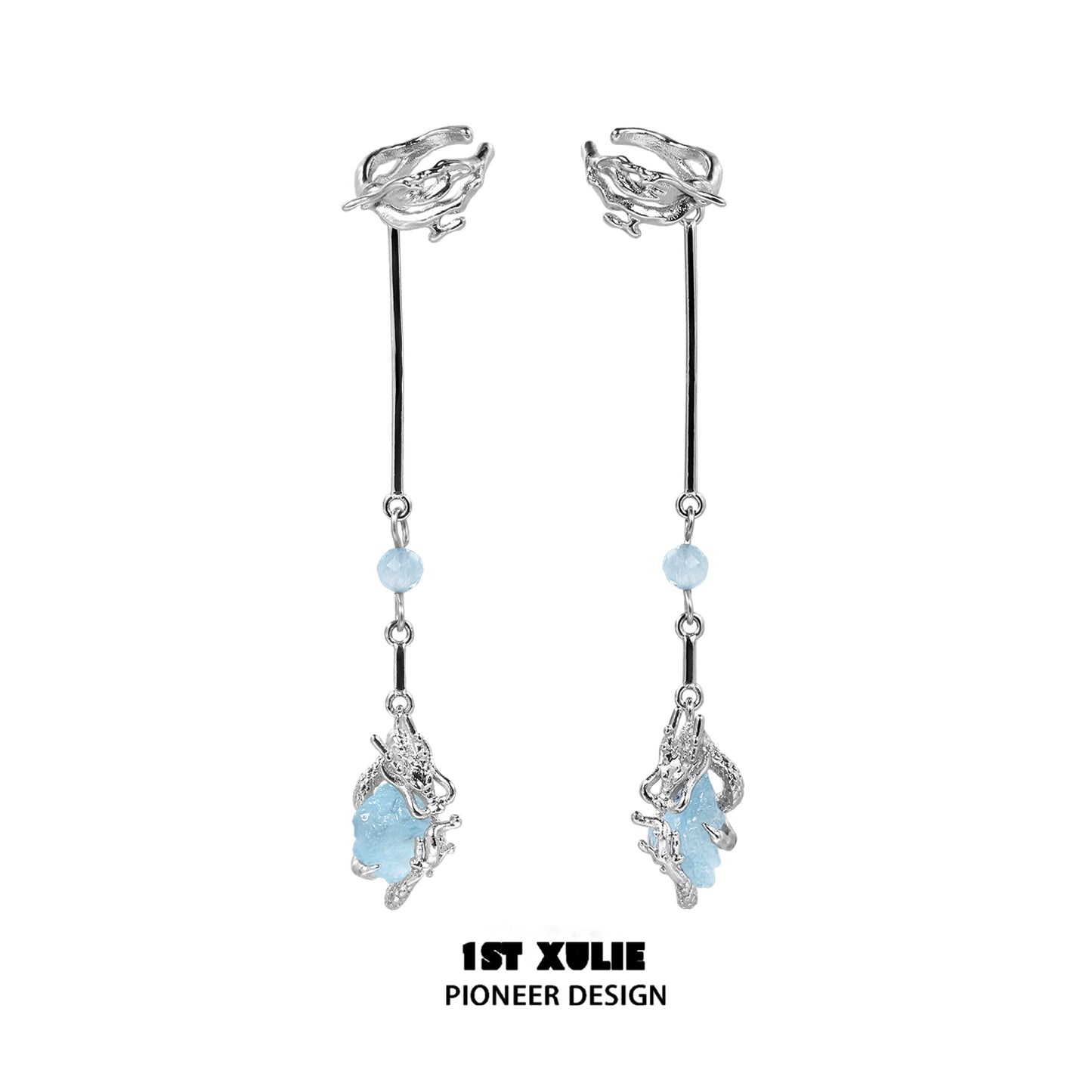 1STXULIE lake elf ear cuffs featuring silver design with blue gemstones for a unique look