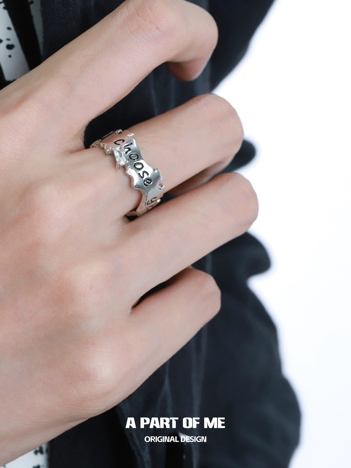 Silver A PART OF ME Letter Couple Rings with a Unique Wave Design for Couples