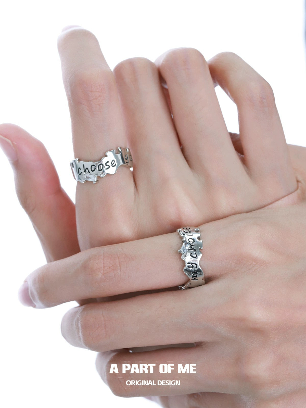 A PART OF ME letter couple rings featuring custom adjustable designs for unique pairings