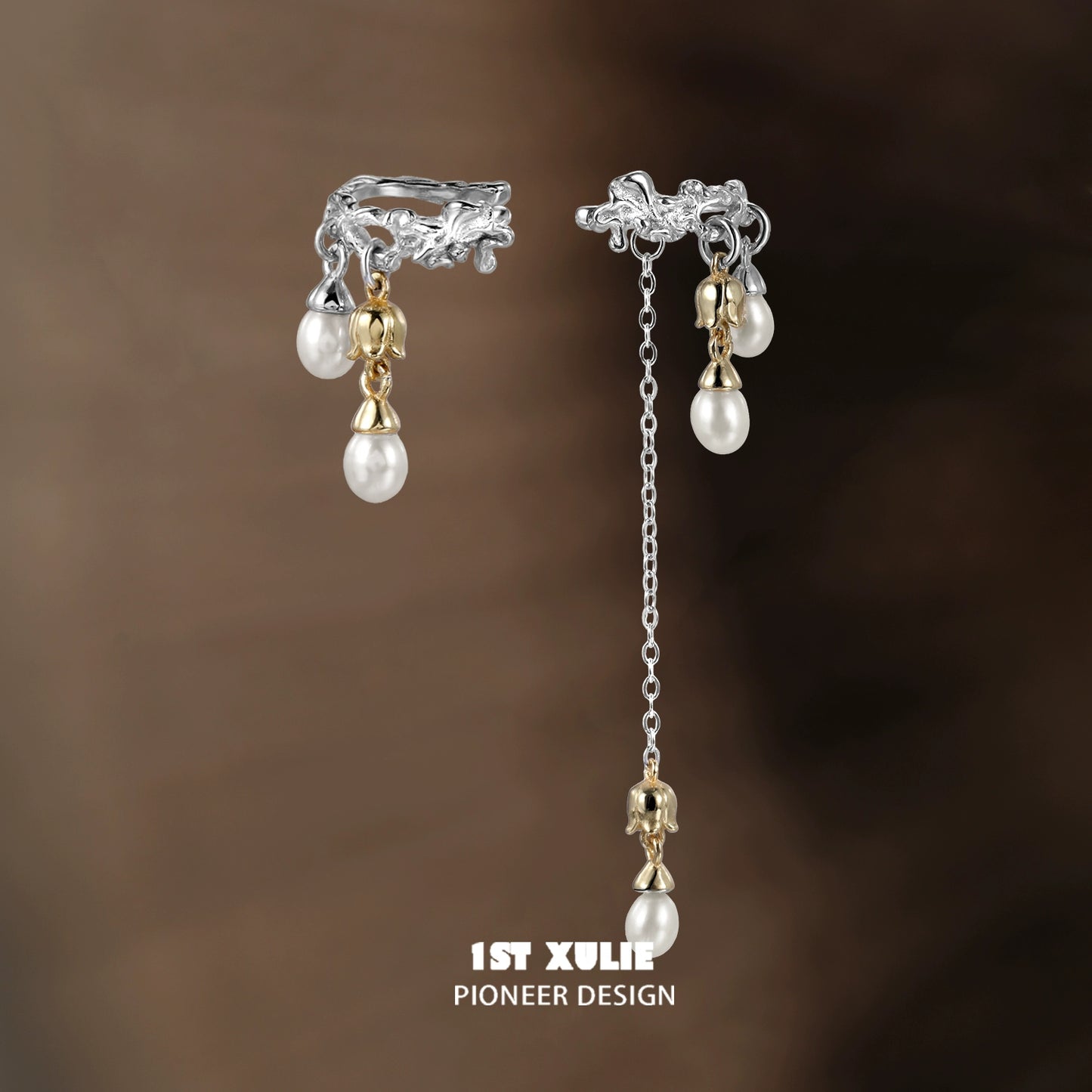 1ST XULIE Lily Tassel Pearl Ear Cuff with Silver and Gold Chain Detail for Elegant Style