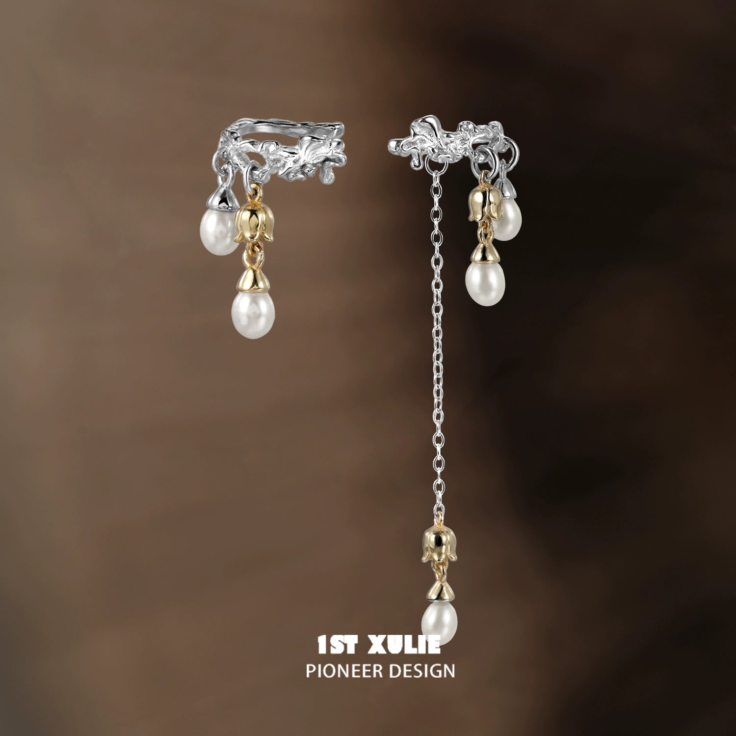 1ST XULIE Lily Tassel Pearl Ear Cuff with Silver and Gold Chain Detail for Elegant Style