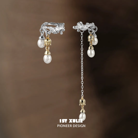 1ST XULIE Lily Tassel Pearl Ear Cuff with Silver and Gold Chain Detail for Elegant Style